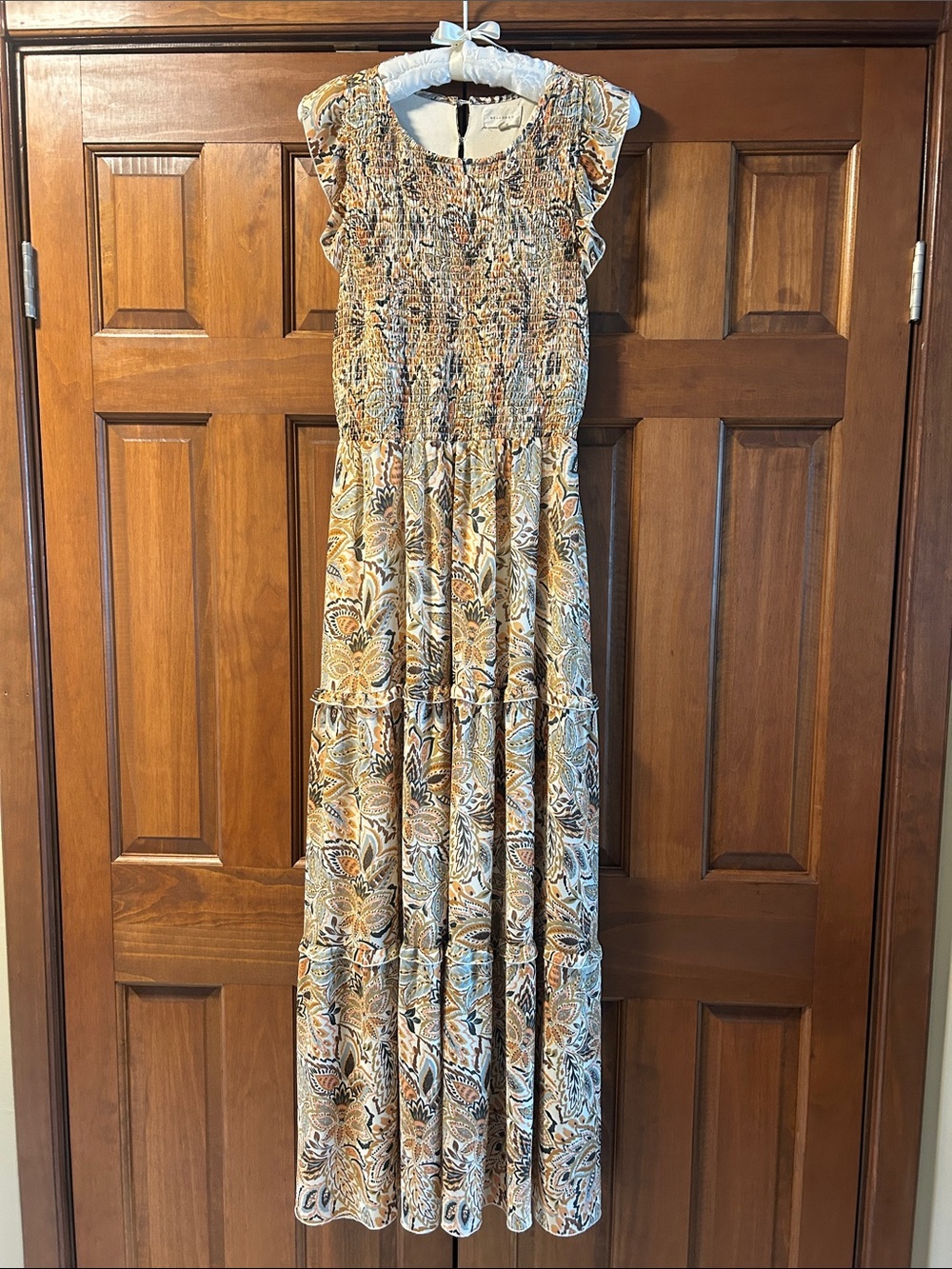 Open back Smocked Floral Maxi Dress in Peach, Teal, Brown, Cream, S
